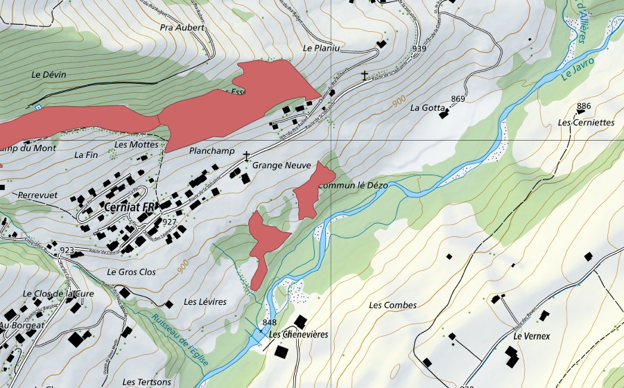 Landeskarte swisstopo mit dem Schutzperimeter von Cerniat (Trockenwiese)