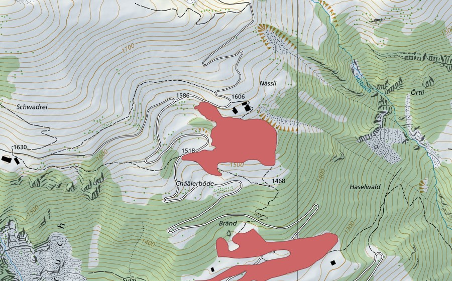 Landeskarte swisstopo mit dem Schutzperimeter von Chäälerböde (Trockenwiese)