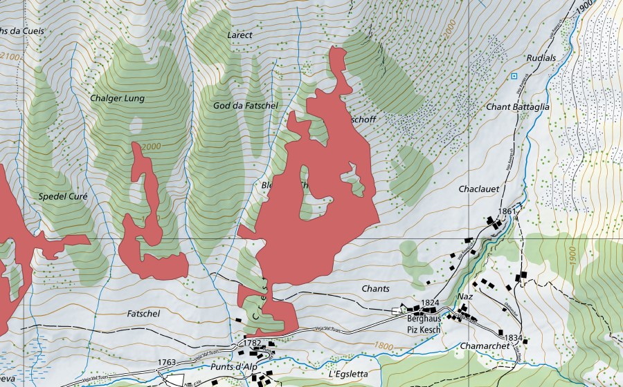 Carte nationale swisstopo avec le périmètre protégé de Chaclauet (Prairie sèche)