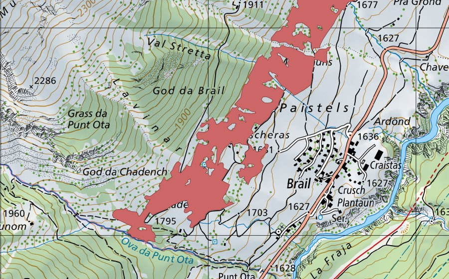 Carte nationale swisstopo avec le périmètre protégé de Chadench (Prairie sèche)
