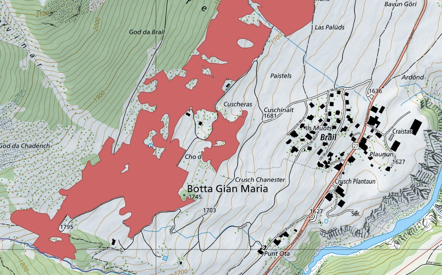 Carte nationale swisstopo avec le périmètre protégé de Chadench (Prairie sèche)