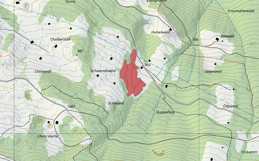 Carte nationale swisstopo avec le périmètre protégé de Chalberstall (Prairie sèche)