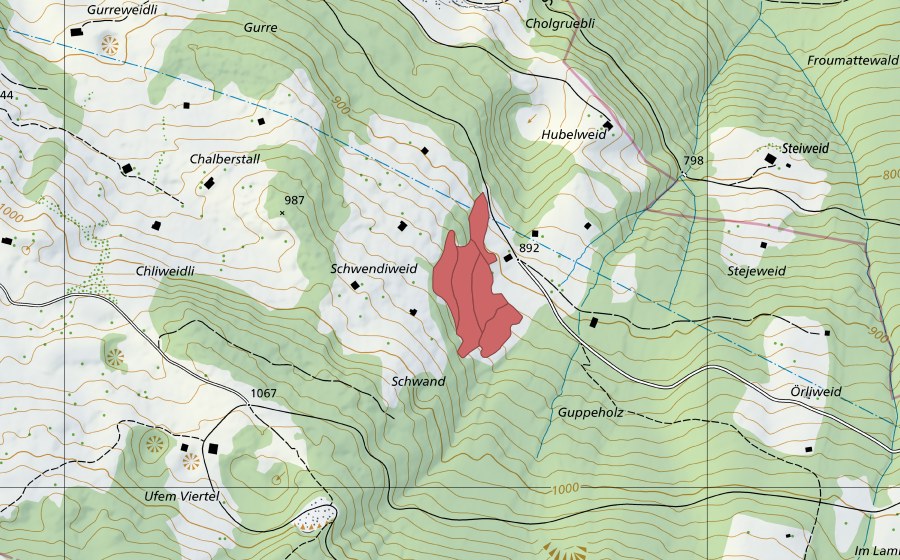 swisstopo national map showing the protected perimeter of Chalberstall (Dry meadow)