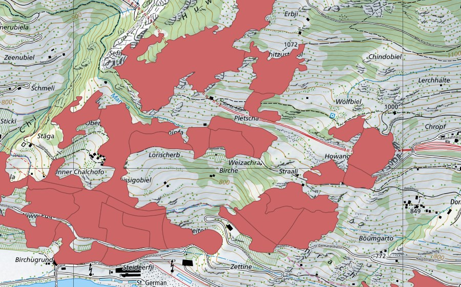 Landeskarte swisstopo mit dem Schutzperimeter von Chalchofe (Trockenwiese)
