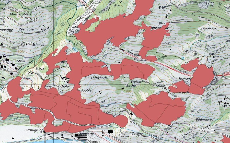 swisstopo national map showing the protected perimeter of Chalchofe (Dry meadow)