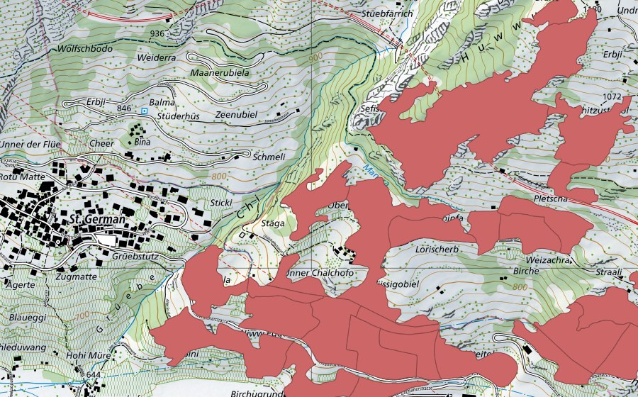 Landeskarte swisstopo mit dem Schutzperimeter von Chalchofe (Trockenwiese)
