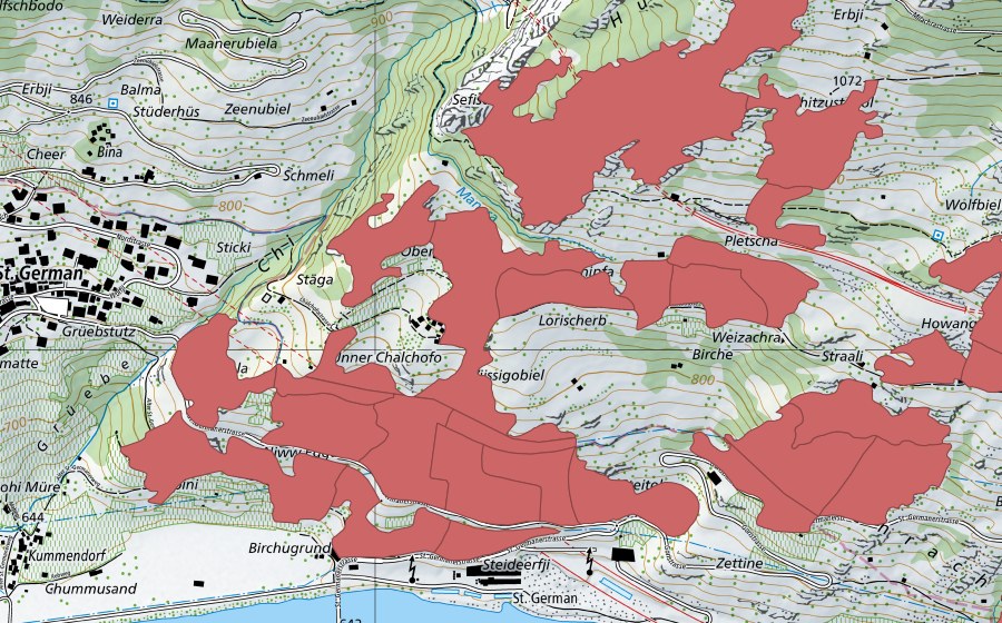 Landeskarte swisstopo mit dem Schutzperimeter von Chalchofe (Trockenwiese)