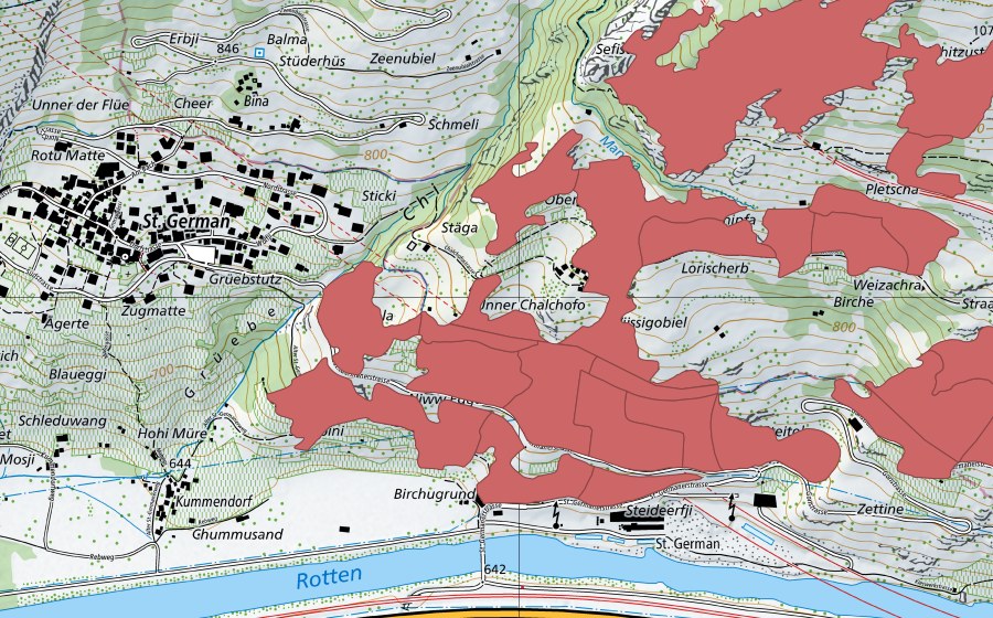 Carte nationale swisstopo avec le périmètre protégé de Chalchofe (Prairie sèche)