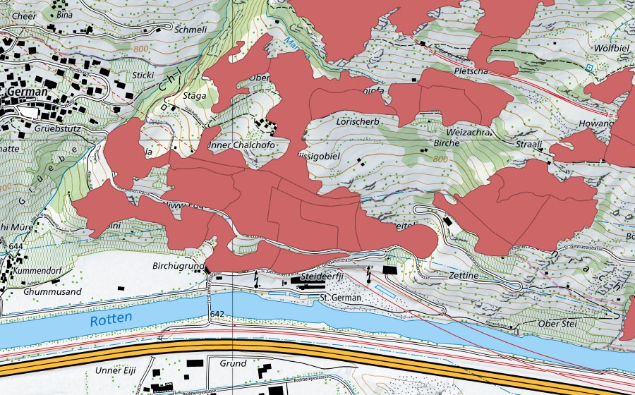 swisstopo national map showing the protected perimeter of Chalchofe (Dry meadow)