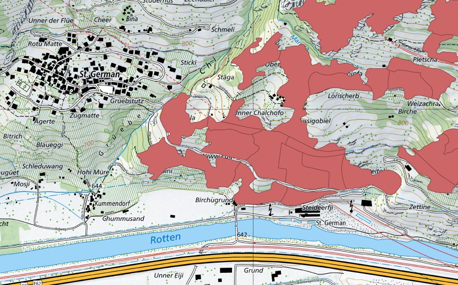 Carte nationale swisstopo avec le périmètre protégé de Chalchofe (Prairie sèche)