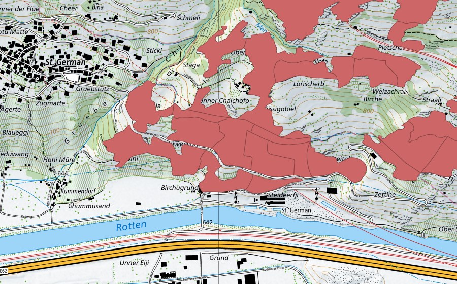 Carte nationale swisstopo avec le périmètre protégé de Chalchofe (Prairie sèche)