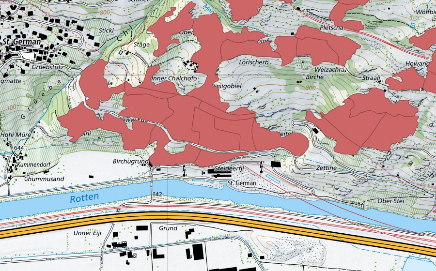 Landeskarte swisstopo mit dem Schutzperimeter von Chalchofe (Trockenwiese)