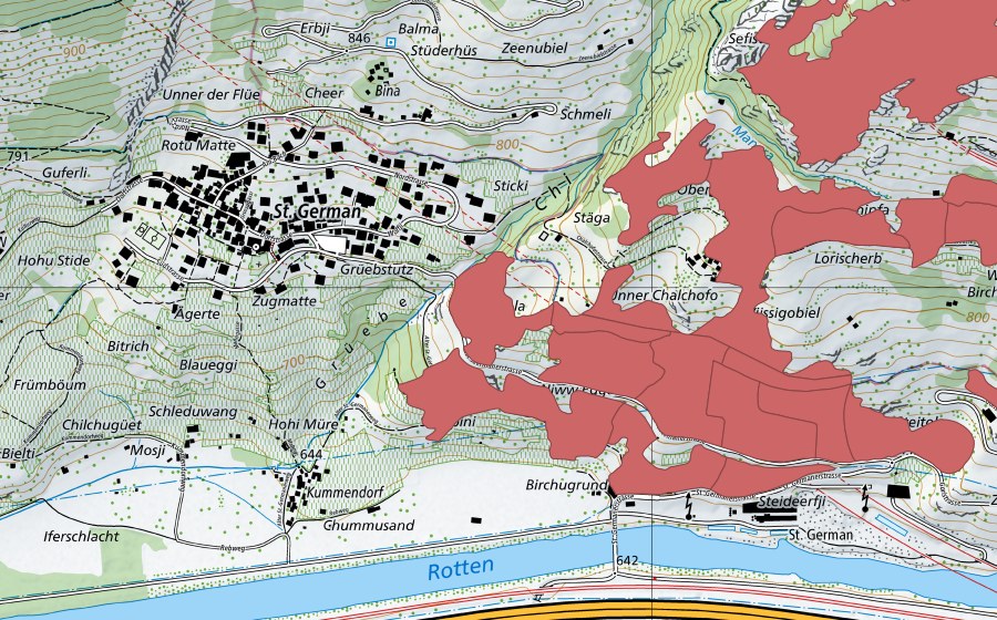swisstopo national map showing the protected perimeter of Chalchofe (Dry meadow)