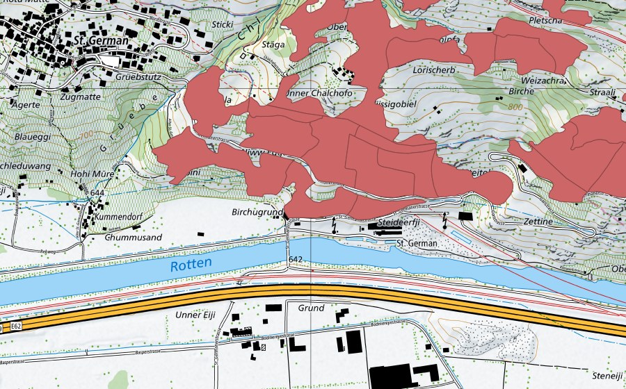 Carte nationale swisstopo avec le périmètre protégé de Chalchofe (Prairie sèche)