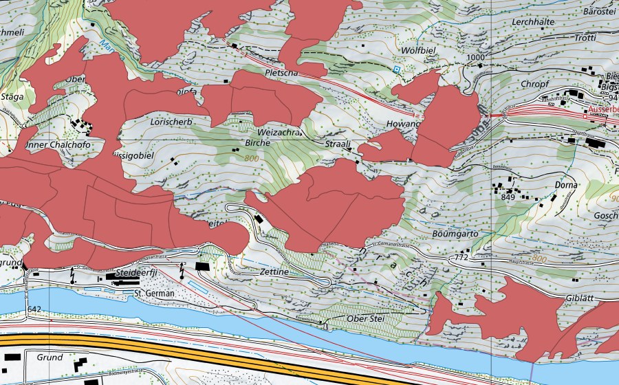 Carte nationale swisstopo avec le périmètre protégé de Chalchofe (Prairie sèche)