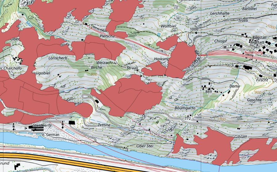 Carte nationale swisstopo avec le périmètre protégé de Chalchofe (Prairie sèche)