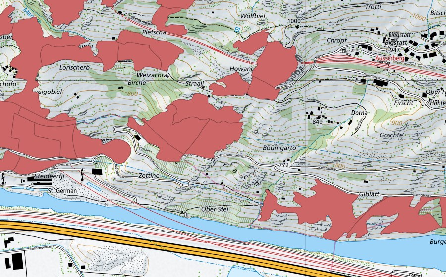 Carte nationale swisstopo avec le périmètre protégé de Chalchofe (Prairie sèche)