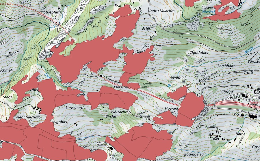 Carte nationale swisstopo avec le périmètre protégé de Chalchofe (Prairie sèche)