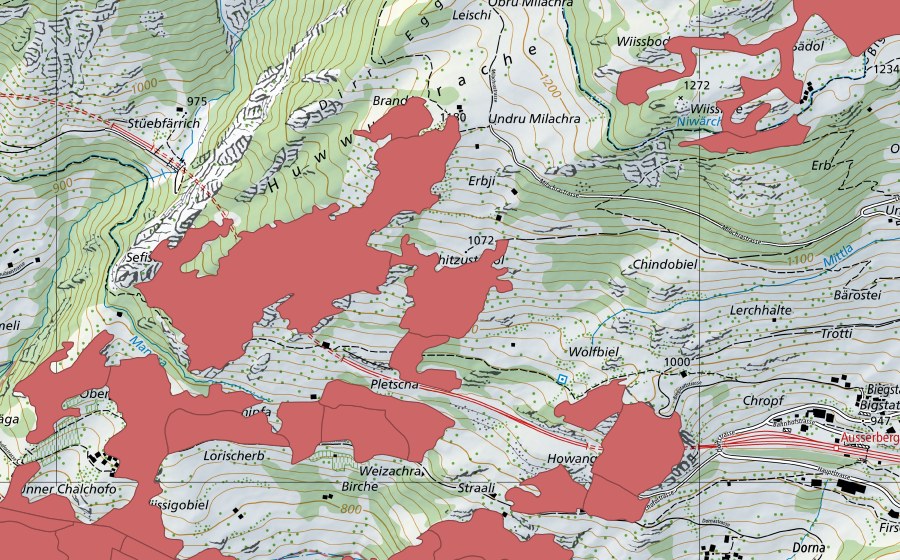 Carte nationale swisstopo avec le périmètre protégé de Chalchofe (Prairie sèche)