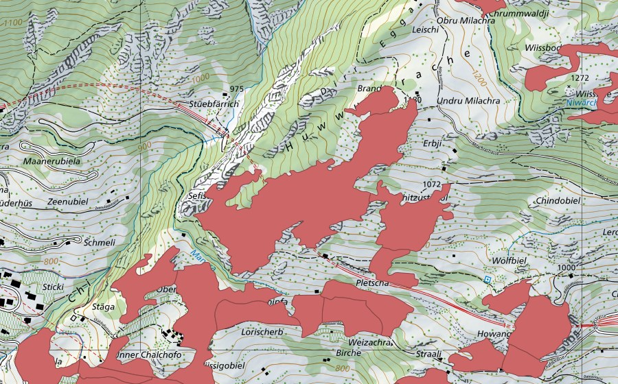 Carte nationale swisstopo avec le périmètre protégé de Chalchofe (Prairie sèche)