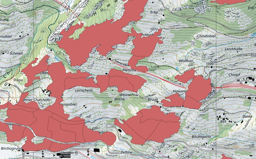 Carte nationale swisstopo avec le périmètre protégé de Chalchofe (Prairie sèche)