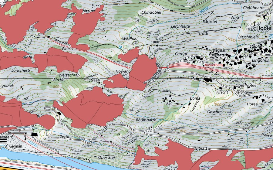 Carte nationale swisstopo avec le périmètre protégé de Chalchofe (Prairie sèche)