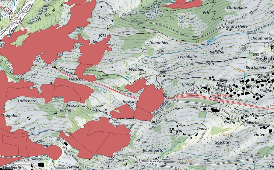Carte nationale swisstopo avec le périmètre protégé de Chalchofe (Prairie sèche)