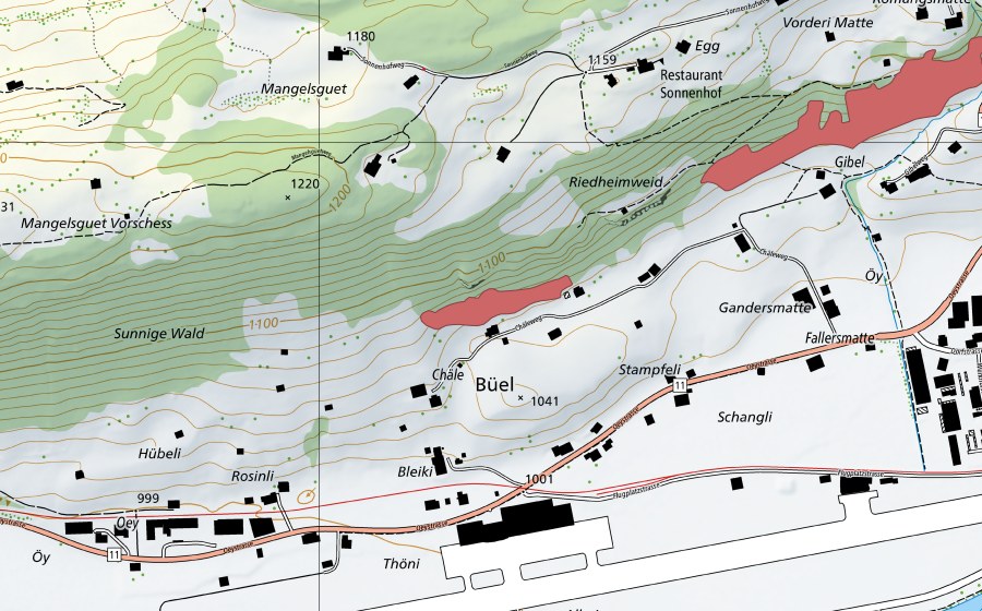 Carte nationale swisstopo avec le périmètre protégé de Chäle (Prairie sèche)