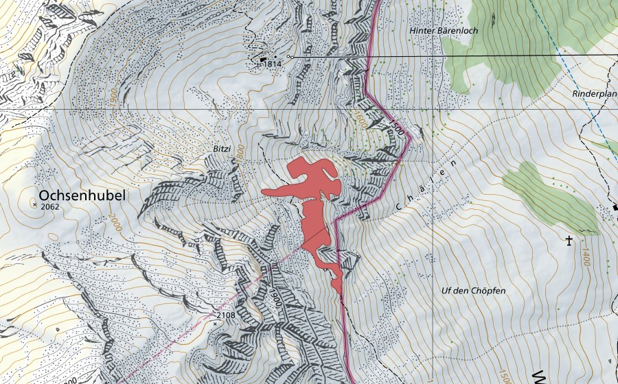 swisstopo national map showing the protected perimeter of Chälen (Dry meadow)