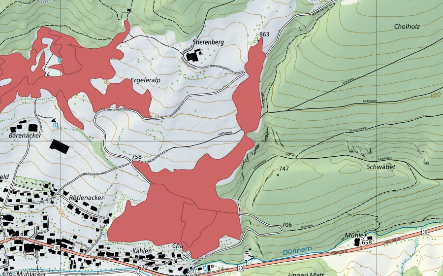 Landeskarte swisstopo mit dem Schutzperimeter von Chalen (Trockenwiese)
