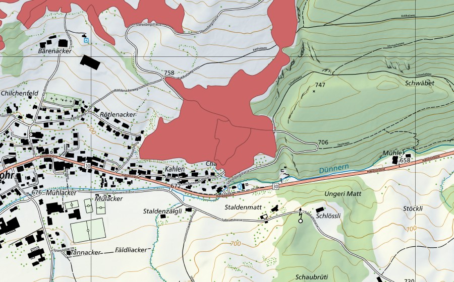 Landeskarte swisstopo mit dem Schutzperimeter von Chalen (Trockenwiese)