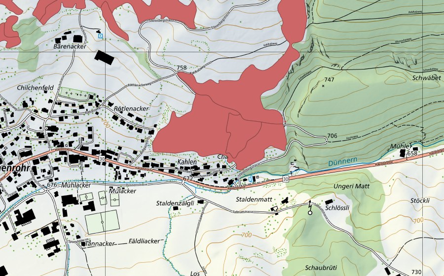 Landeskarte swisstopo mit dem Schutzperimeter von Chalen (Trockenwiese)