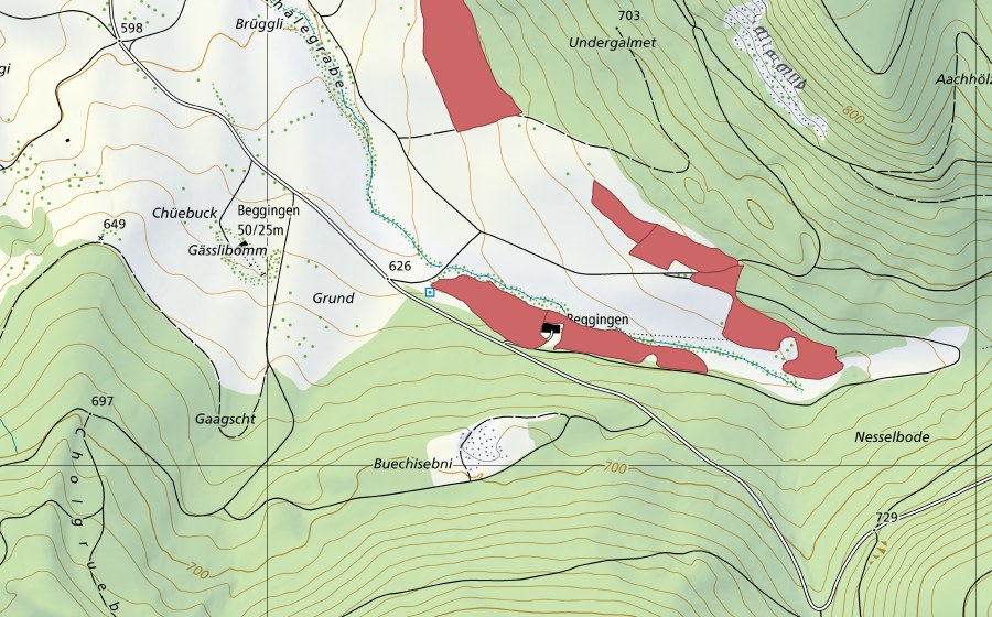 Carte nationale swisstopo avec le périmètre protégé de Chälen (Prairie sèche)