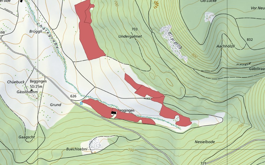 Carte nationale swisstopo avec le périmètre protégé de Chälen (Prairie sèche)
