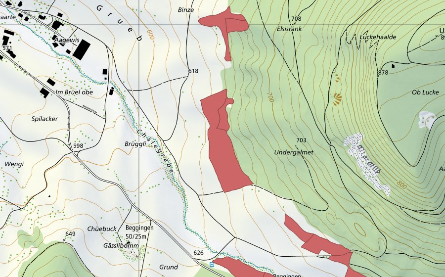 Carte nationale swisstopo avec le périmètre protégé de Chälen (Prairie sèche)
