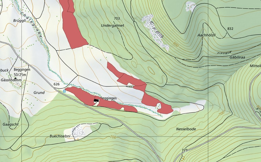 Landeskarte swisstopo mit dem Schutzperimeter von Chälen (Trockenwiese)