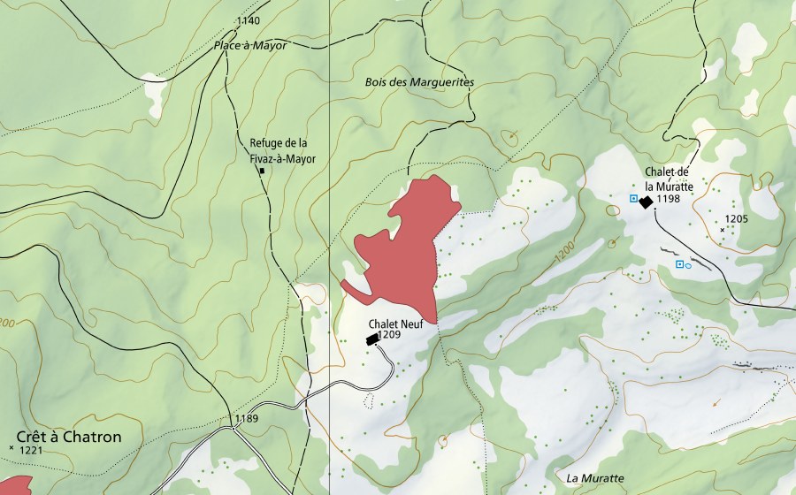 swisstopo national map showing the protected perimeter of Chalet du Crêt à Chatron Neuf (Dry meadow)