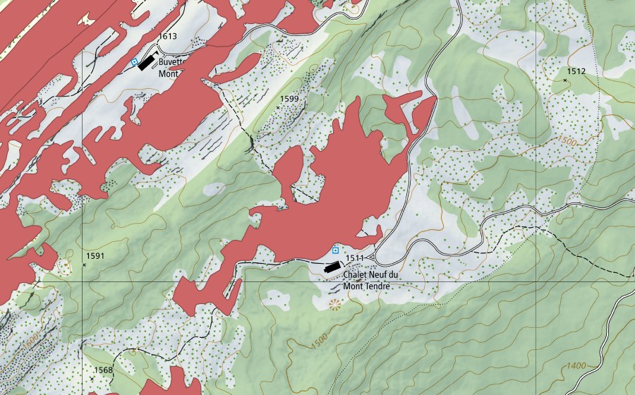 Carte nationale swisstopo avec le périmètre protégé de Chalet Neuf du Mont Tendre (Prairie sèche)