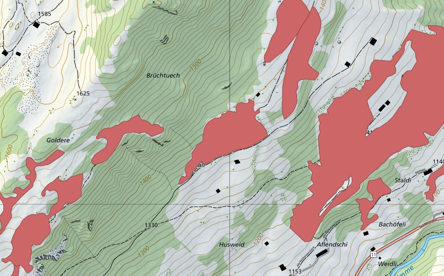 Landeskarte swisstopo mit dem Schutzperimeter von Chäleweid (Trockenwiese)