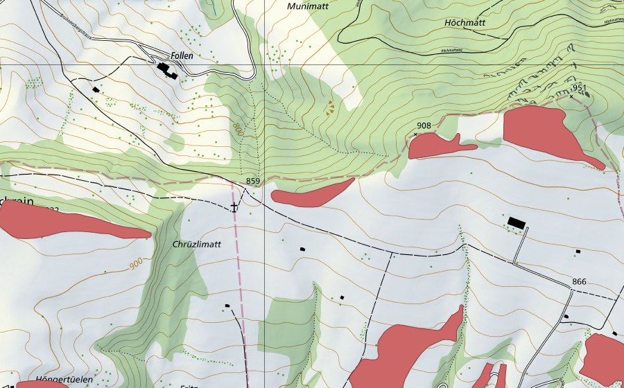 Landeskarte swisstopo mit dem Schutzperimeter von Chalm (Trockenwiese)