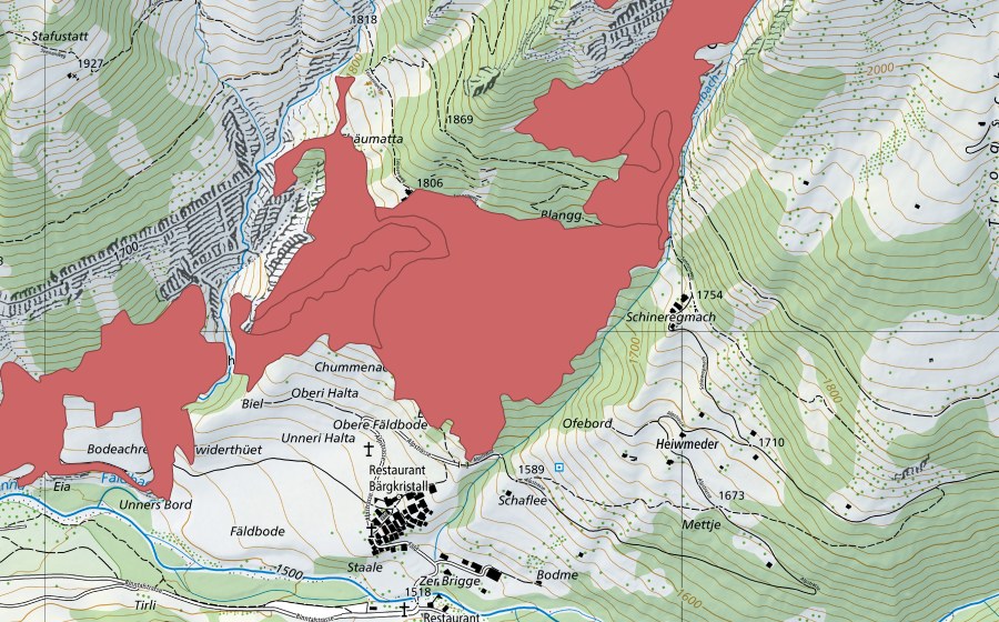 Landeskarte swisstopo mit dem Schutzperimeter von Chälmatta (Trockenwiese)