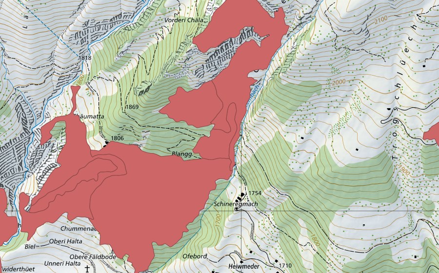 Landeskarte swisstopo mit dem Schutzperimeter von Chälmatta (Trockenwiese)