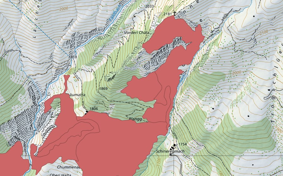 Carte nationale swisstopo avec le périmètre protégé de Chälmatta (Prairie sèche)