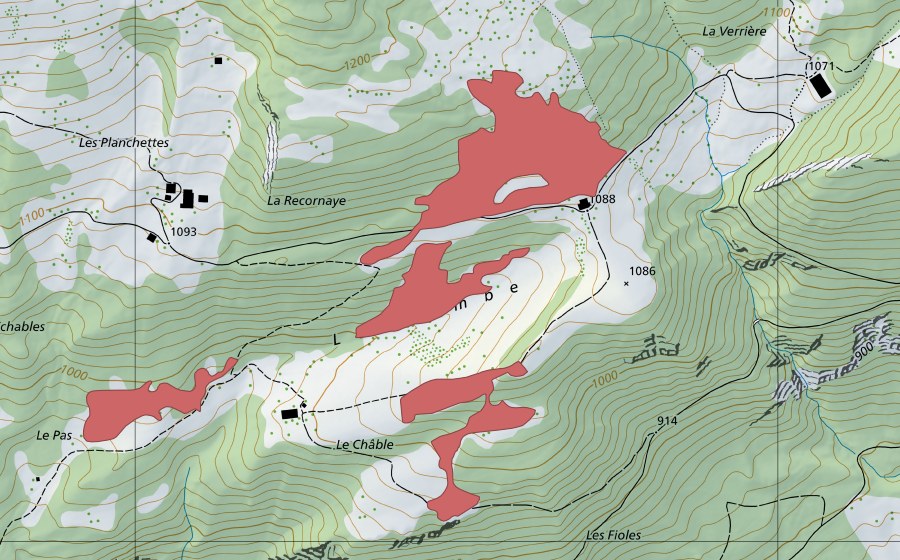 Landeskarte swisstopo mit dem Schutzperimeter von Chamalle (Trockenwiese)
