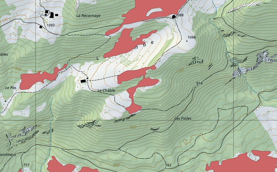 swisstopo national map showing the protected perimeter of Chamalle (Dry meadow)