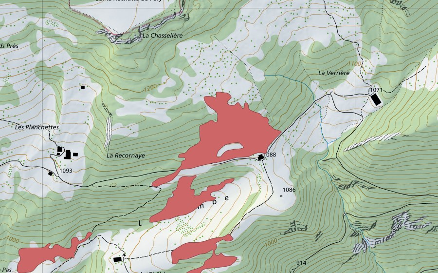 Landeskarte swisstopo mit dem Schutzperimeter von Chamalle (Trockenwiese)