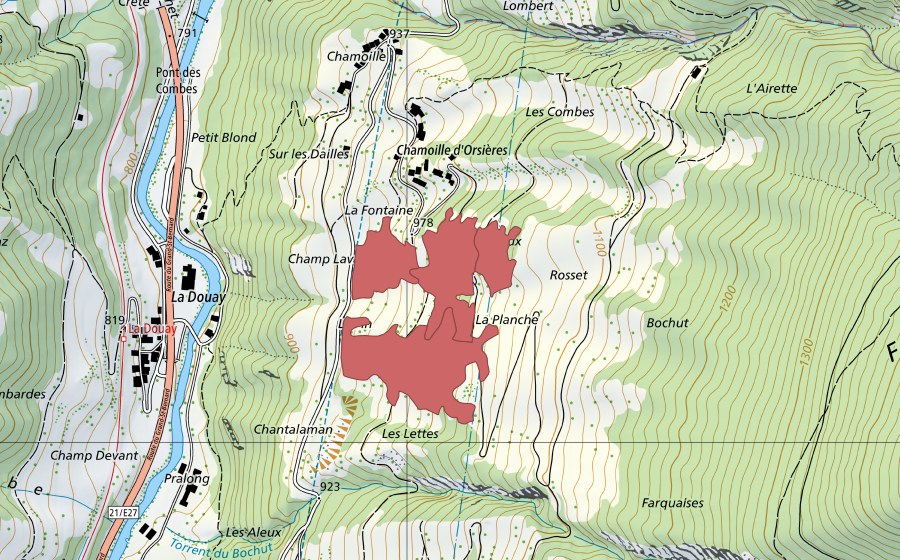 Landeskarte swisstopo mit dem Schutzperimeter von Chamoille d'Orsières (Trockenwiese)