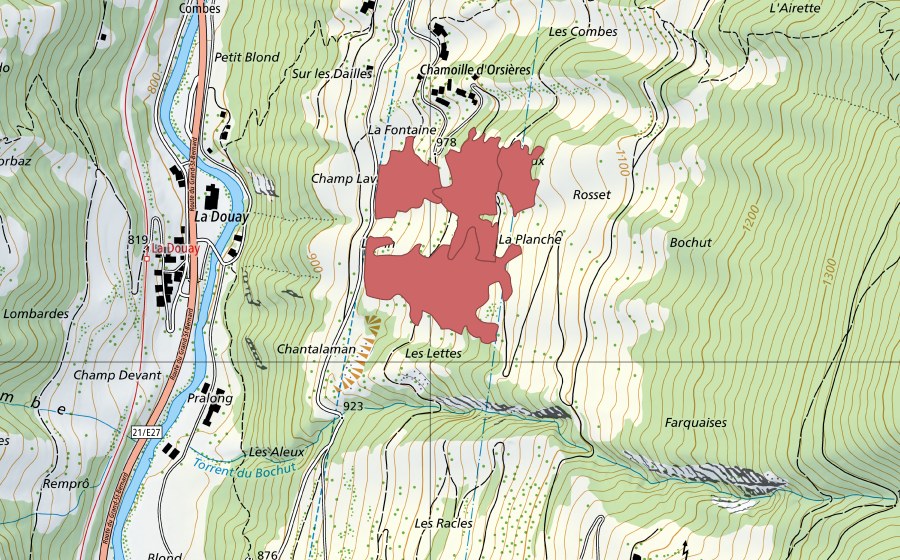 Carte nationale swisstopo avec le périmètre protégé de Chamoille d'Orsières (Prairie sèche)