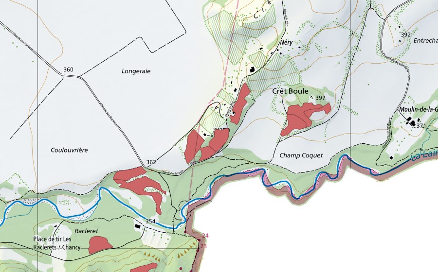 Carte nationale swisstopo avec le périmètre protégé de Champ Coquet (Prairie sèche)