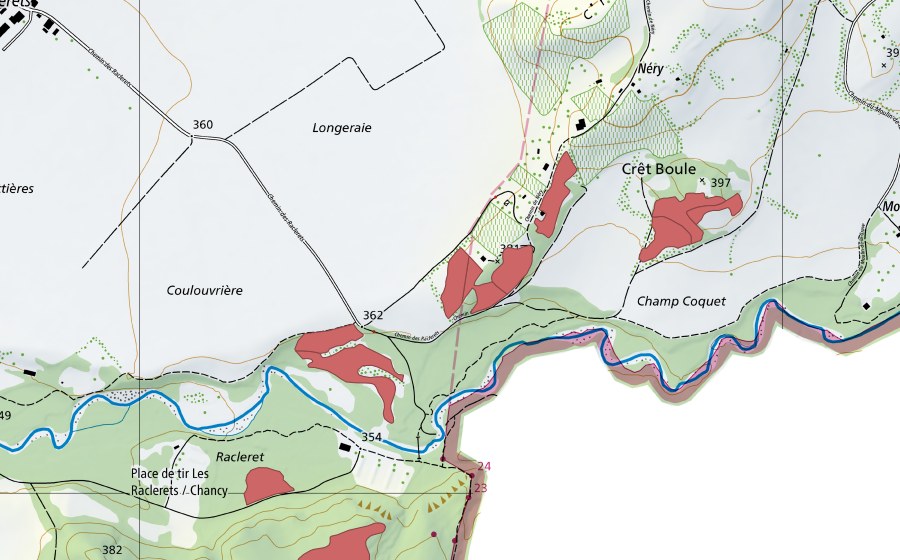 swisstopo national map showing the protected perimeter of Champ Coquet (Dry meadow)